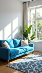 Spacious white living room, vibrant blue sofa, sunlit, clean, comfort