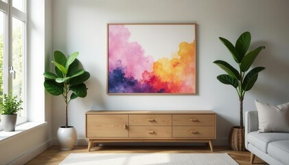 Stylish living room interior Wooden chest, eucalyptus, poster frame , beige, plant