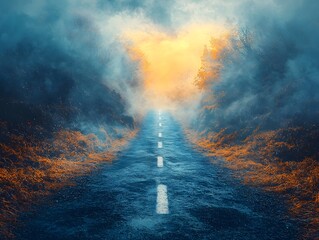 Two paths diverging in a misty forest landscape