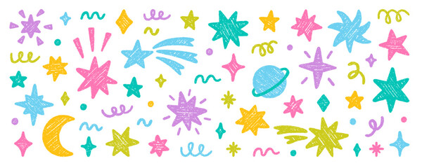 Chalk pencil stars and sparkles doodle set. Crayon moon, twinkle, blink, firework, glitter silhouette and glowing symbols in sketch style, Hand drawn vector illustration isolated on white background
