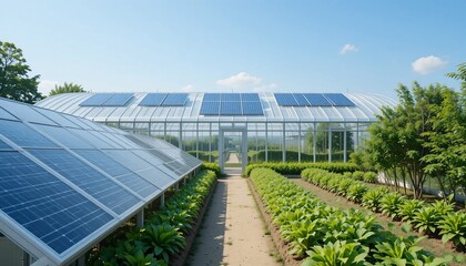 Fototapeta premium Sustainable Greenhouse with Solar Panels Eco Friendly Agriculture and Renewable Energy