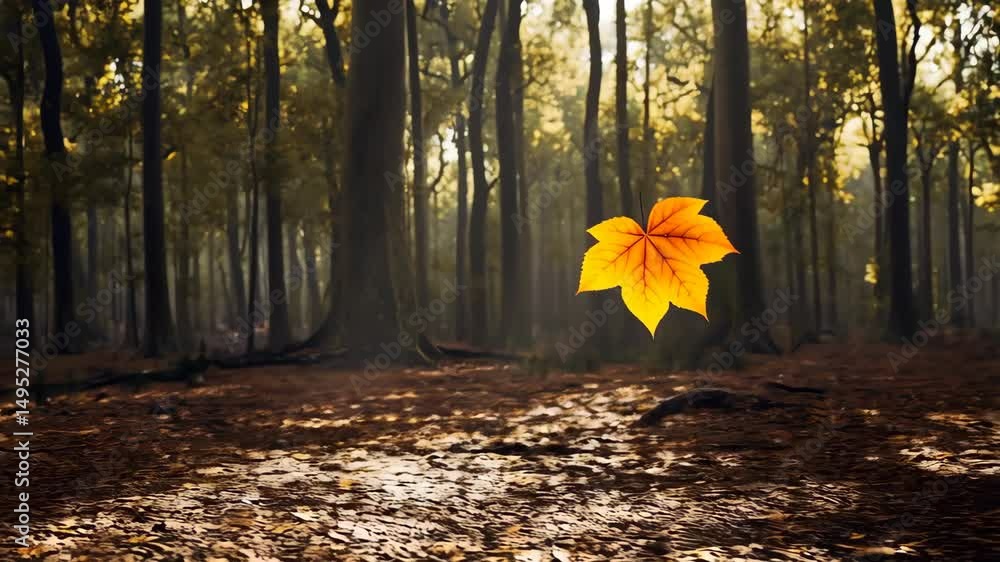 Aufkleber single autumn leaf in focus floating over a forest floor with dense rows of tree trunks in the backg
