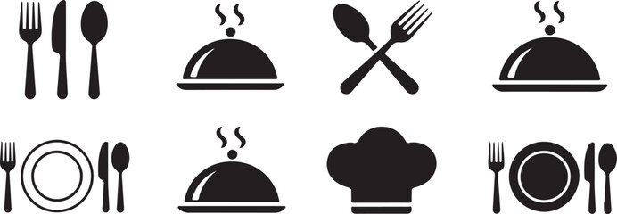 Restaurant Menu Icons Cutlery, Plates, Chef Hat, and Food Covers
