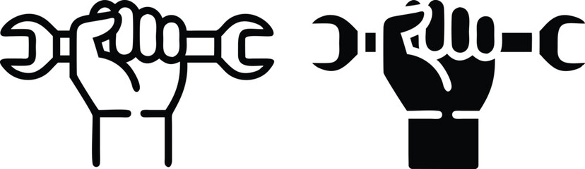 Strong Fist Holding Wrench Vector Icon – Monochrome Line Art Repair Symbol