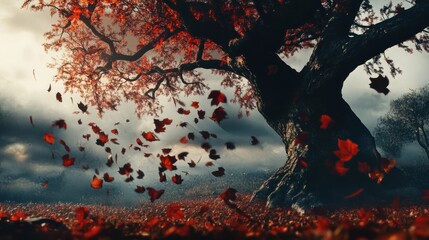 Autumn leaves swirling around ancient tree, misty landscape