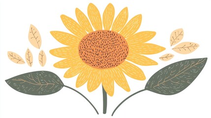 Autumn sunflower with leaves, white background, nature design, greeting card