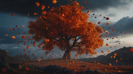 Autumn tree, windswept leaves, rocky landscape, dramatic sky, nature wallpaper