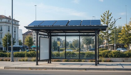 Fototapeta premium Modern Solar Powered Bus Stop Shelter with Blank Advertisement Space in City Setting