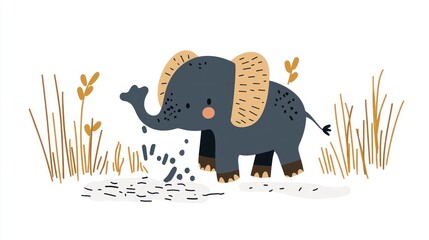 Baby elephant playing in African savanna; nursery decor