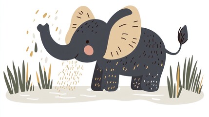 Baby elephant playing in savanna waterhole