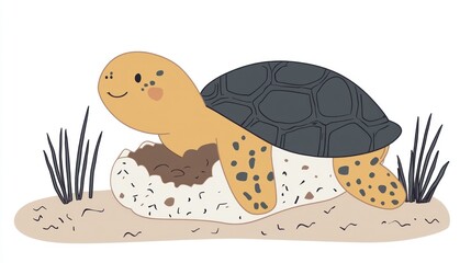 Baby turtle hatching on beach, grass background, cute illustration, kids book