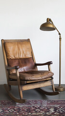 A rustic wooden rocking chair with leather cushions sits beside a brass floor lamp on a patterned rug