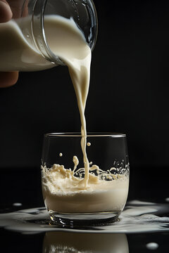 Pouring fresh milk into a glass for a healthy breakfast drink
