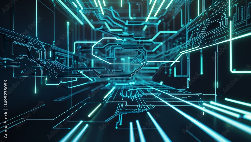 Poster Digital abstract background showcasing glowing circuit patterns in a futuristic setting