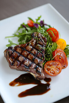 Delicious grilled meat dish with steak, pork, and vegetables on a plate, perfect for a barbecue dinner