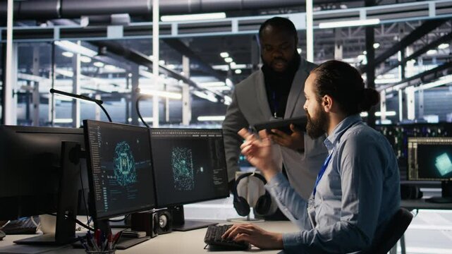 System administration team collaborating on AI automation deployment in data center. Server farm staff members adjusting machine learning configurations, working together, camera A