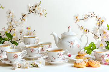 Fototapeta premium Elegant tea set with floral design, complemented by delicate pastries, creates a serene and inviting atmosphere for a delightful tea time.