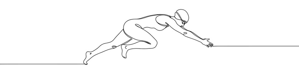 Obraz premium Swimming concept continuous one line drawing. Hand drawn woman ready to jump into the water..