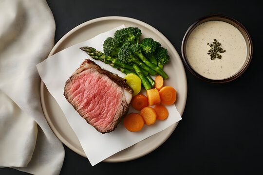 Medium rare steak with vegetables on a white plate