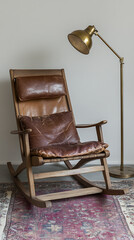 A rustic wooden rocking chair with leather cushions sits on a rug, illuminated by a brass desk lamp.  The setting is simple and calming