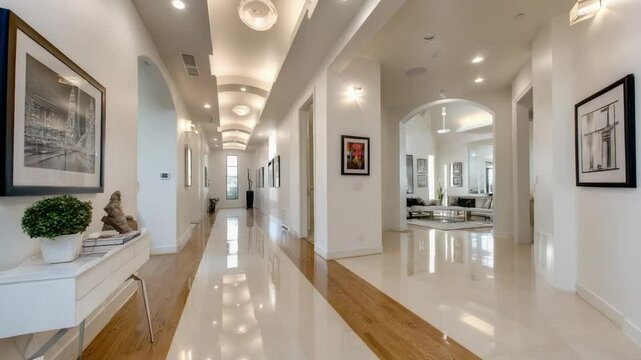Elegant Hallway in a Modern Residence: A bright and spacious hallway of a luxurious property, featuring artwork, recessed lighting, and polished flooring.