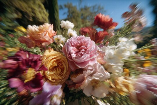 Vibrant Floral Bouquet With Zoom Blur Effect, Symbolizing Celebration and Creative Inspiration for Events and Occasions : Generative AI
