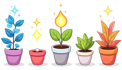 Five potted plants, stylized with magical elements; blue, sprouting seed, flame, green, and orange, in various colored pots against white background