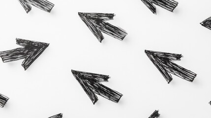Black arrows pattern, flatlay, white background, direction concept, website design