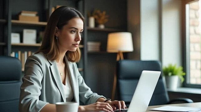 Focused Businesswoman Working Remotely on Laptop