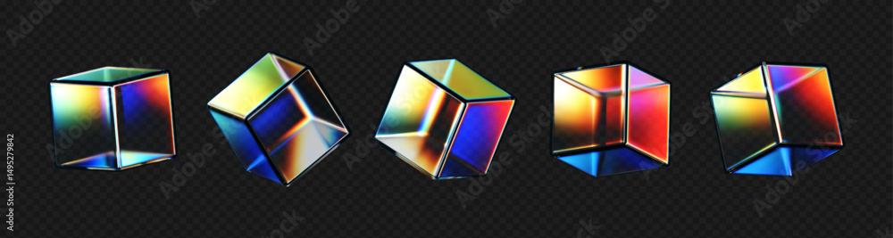 Wall mural 3d crystal glass cubes set with refraction and iridescent effects isolated on dark background. rende