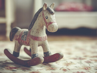 A vintage wooden rocking horse sits on a patterned rug in a softly lit room.  The horse shows signs of age and wear