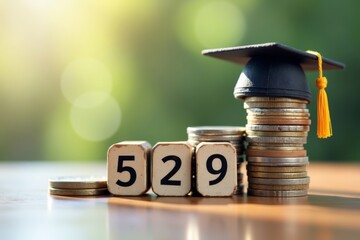 College Savings Plan Concept: Stacked Coins in the Shape of 529 with Mini Graduation Hat on Reflective Surface