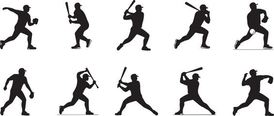 Baseball Player Silhouettes Action Poses Set