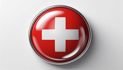 Obraz premium Runder Button mit Flagge der Schweiz – glänzend, 3D-Optik, isoliert auf Weiß