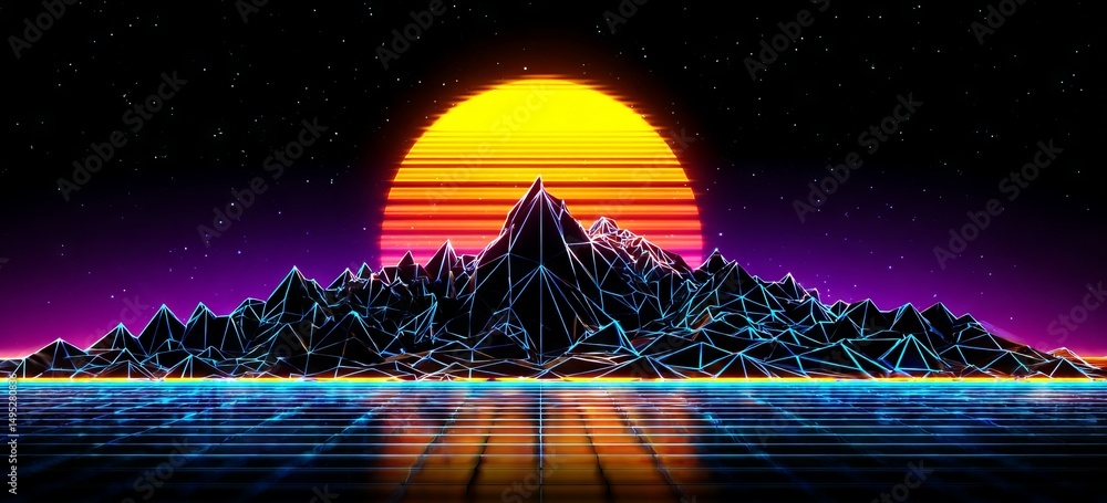 Poster a synth wave style poster featuring a virtual retro purple landscape with an 80s game neon backgroun