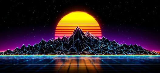 A synth wave style poster featuring a virtual retro purple landscape with an 80s game neon background that includes a road and sun
