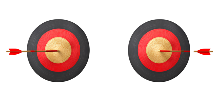 Two targets with arrows hitting red and golden-colored objects, isolated on a transparent background, in a PNG file.