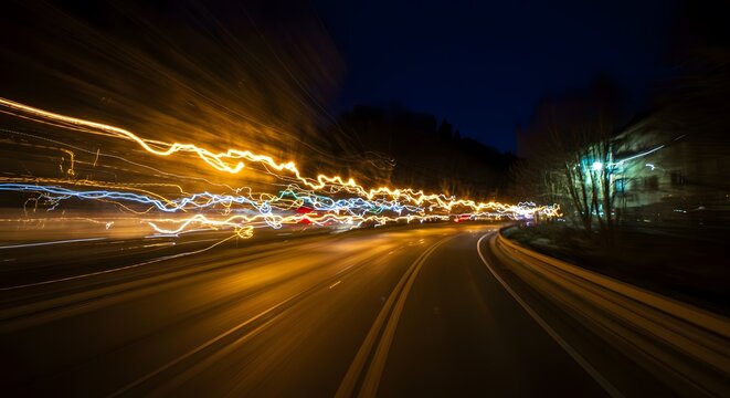 Driving at Night with Light Trails on Curving Road