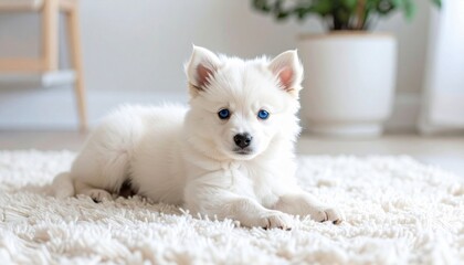 Adorable white puppy with blue eyes on fluffy rug