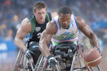 Wheelchair basketball teams comprising war veterans of mixed ages and racial backgrounds play a training match in a gym hall, illustrating the concept of rehabilitation and inclusion for people with