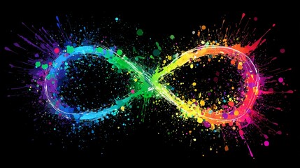 The rainbow infinity symbol, adorned with artistic paint splatter, signifies the diversity of the autism spectrum and the broader neurodiversity movement