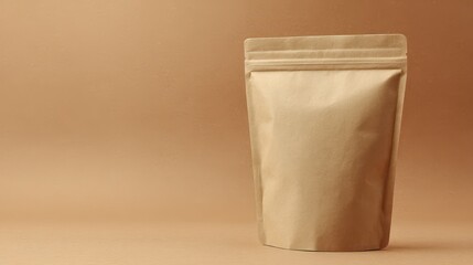 Brown Kraft Paper Bag on Simple Beige Background Ideal for Packaging and Product Presentation in Commercial Use for Food, Coffee, or Snacks