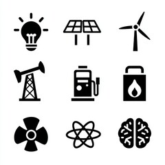 A modern illustration icon set represents fuel and power generation and energy