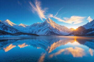 Serene Mountain Landscape with Reflective Lake at Sunrise