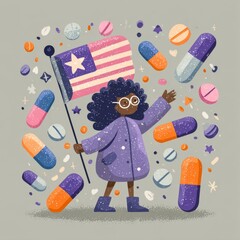 A woman is shown celebrating herself while holding an epilepsy flag, surrounded by confetti and pills