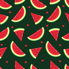Seamless Hand Drawn Ripe Sliced Watermelon With Hearts Design Pattern Green Background