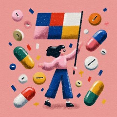 A woman is shown celebrating herself while dealing with chronic pain, surrounded by confetti and pills