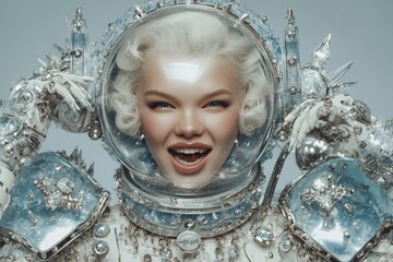 A female in her youth wearing a glass helmet that is spherical in shape, breathing personal air, and being isolated from the outside world, represents a concept, and is also a fantastical astronaut