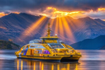 Norled, a Norwegian ferry operator, boasts the world's first ferry powered by liquid hydrogen, the MF Hydra, set against a stunning backdrop of a vibrant sunset and showcasing its sleek design as an