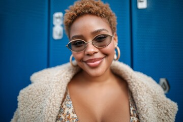 A curvaceous woman with a smile on her face is standing in front of a blue wall, wearing sunglasses